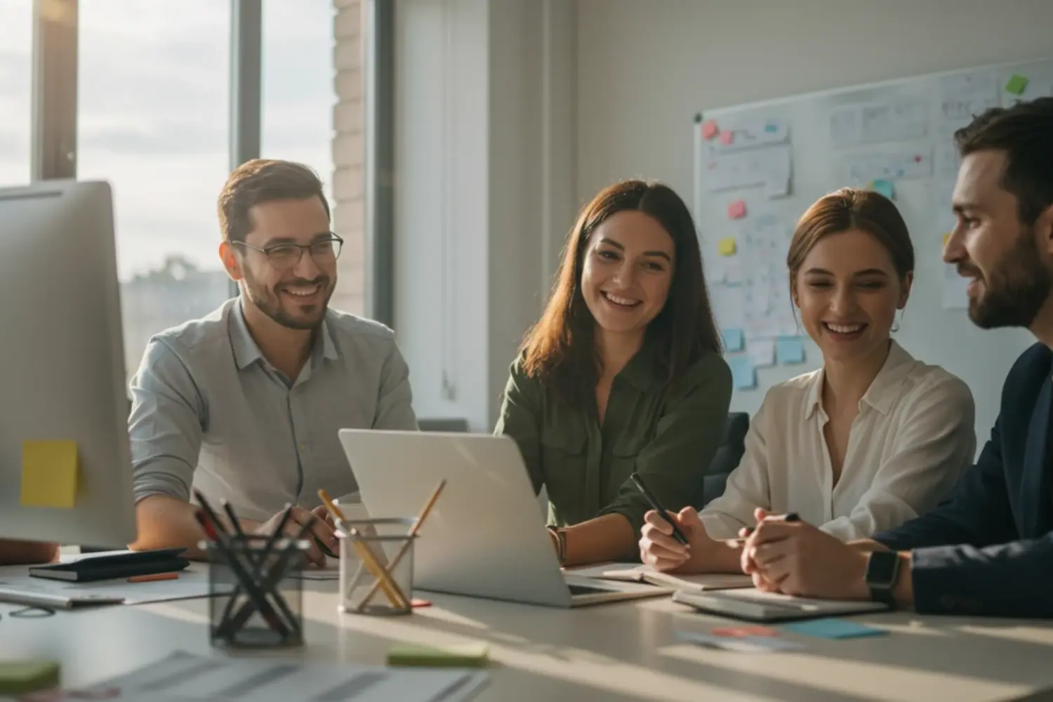 Ein agiles Team bespricht Change Management Maßnahmen für das anstehende RevOps Projekt.