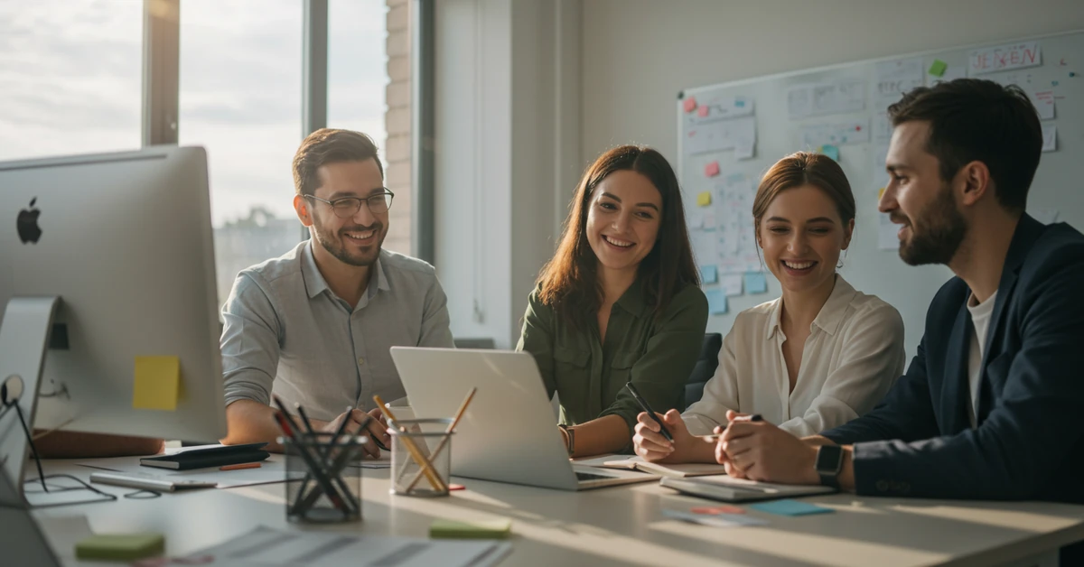 Ein agiles Team bespricht Change Management Maßnahmen für das anstehende RevOps Projekt.
