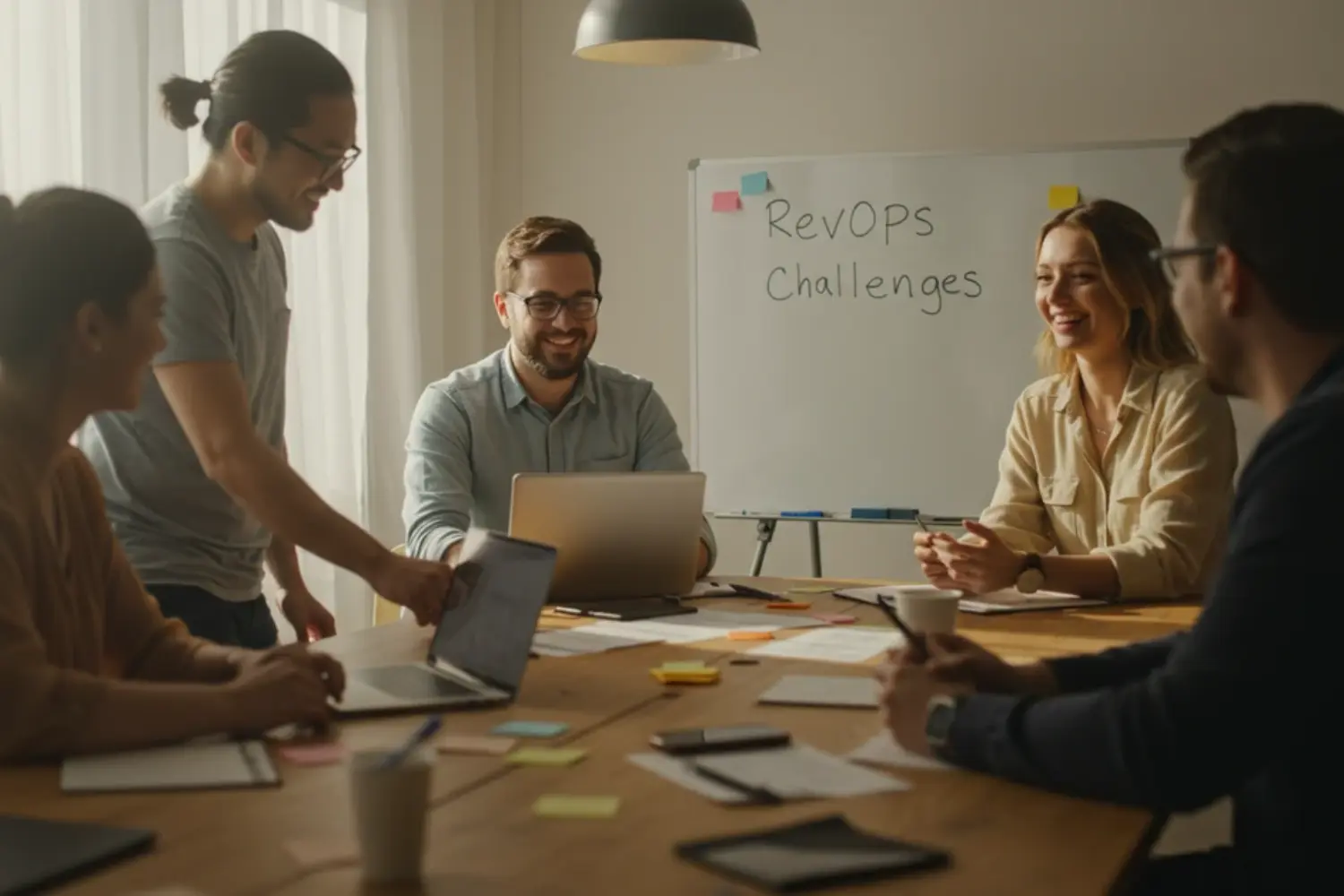 Business Leute brainstormen Lösungen für RevOps Herausforderungen.