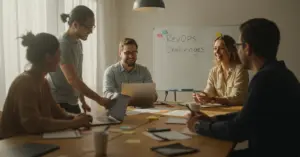 Business Leute brainstormen Lösungen für RevOps Herausforderungen.