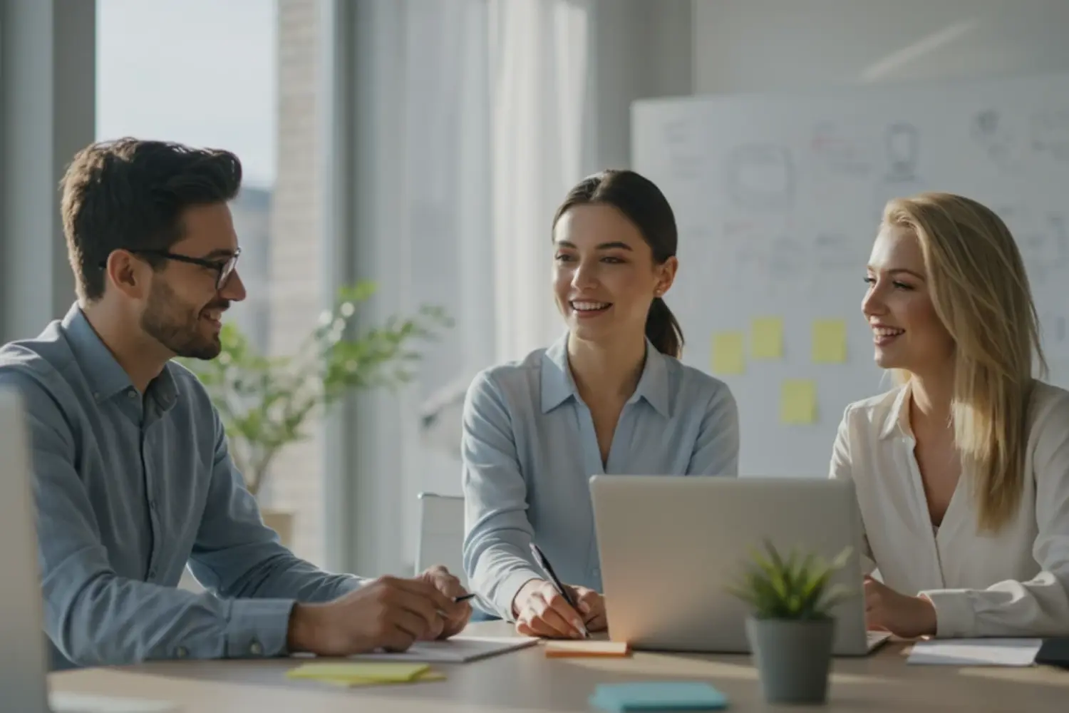 RevOps Verantwortlichkeiten: Marketing, Vertrieb und Service stimmen sich ab. Drei Business Professionals.