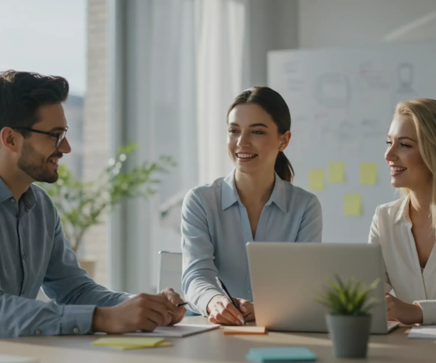 RevOps Verantwortlichkeiten: Marketing, Vertrieb und Service stimmen sich ab. Drei Business Professionals.