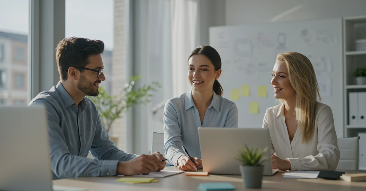 RevOps Verantwortlichkeiten: Marketing, Vertrieb und Service stimmen sich ab. Drei Business Professionals.