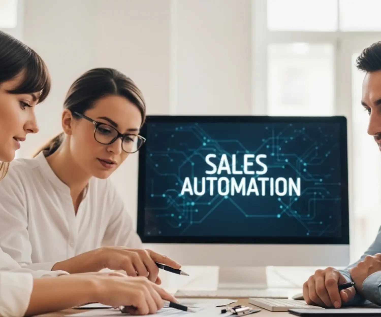 Vertriebsmitarbeiter arbeiten eine Strategie zur Vertriebsautomatisierung aus.