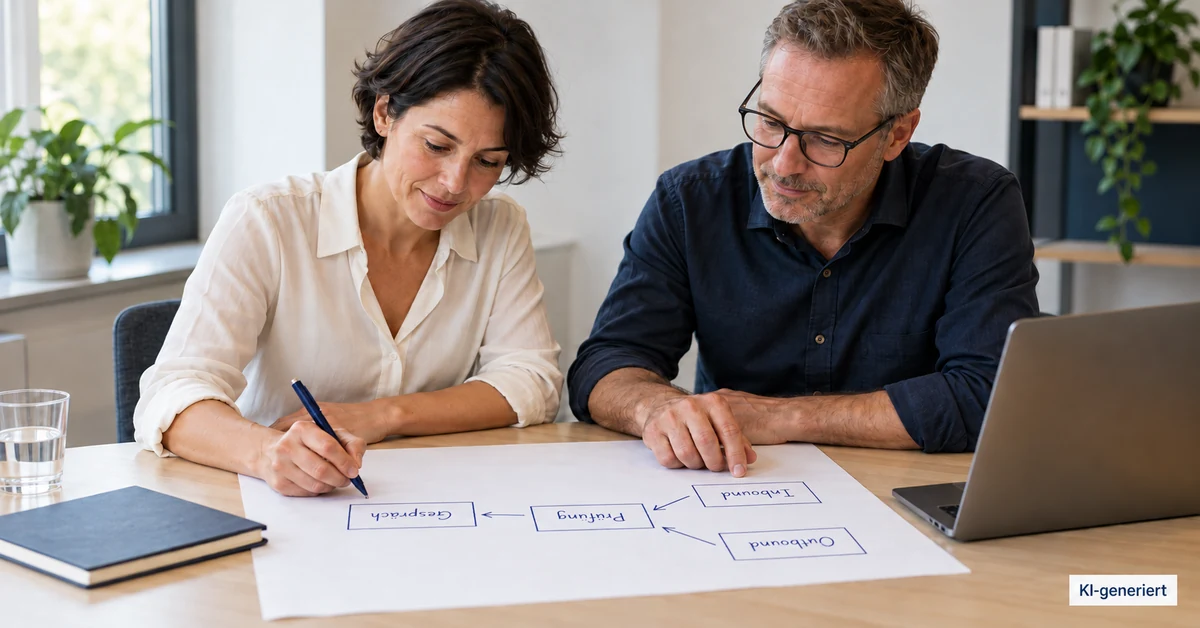 Ein Team verbindet Inbound und Outbound Marketing auf einer handgezeichneten Prozessskizze am Konferenztisch.